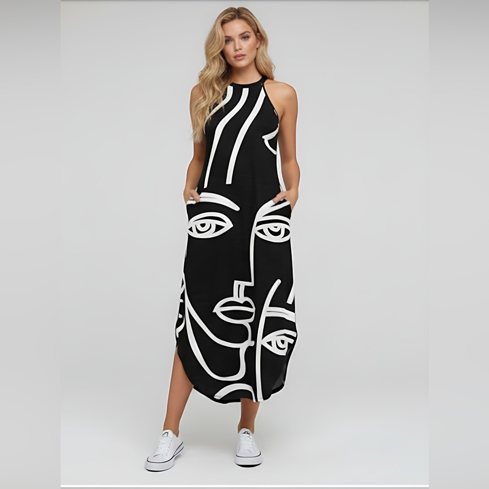 Black Figure Graphic Curved Hem Dress